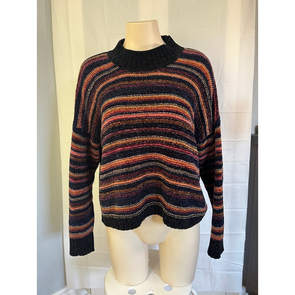 Hippie Rose Womens Chenille Striped Mock Neck Sweater Multi Color Large